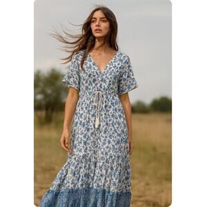 R. Vioimos Dress Ties Peasant Blue Boho Floral Long Flowy Comfortable Cottage 16